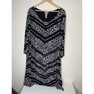 Catherines Womens Shift Dress 4X Black Animal Print 3/4 Sleeve Round Neck Accent